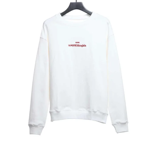 Red Upside-down Letter Logo Embroidery Pullover Crew Neck Sweatshirt