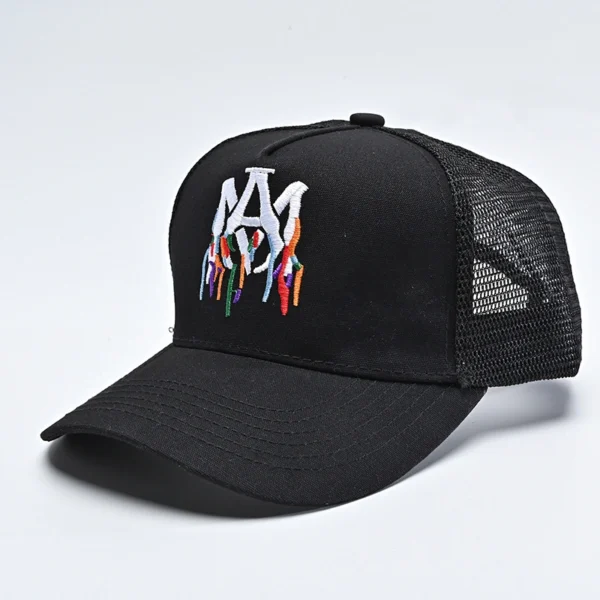 Amiri Embroidered Paint Drip Am Logo Trucker Snapback Cap Black/white/multi